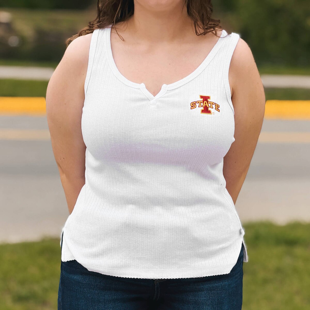 Antigua Women's I-State White Notched Tank Top embroidery close up
